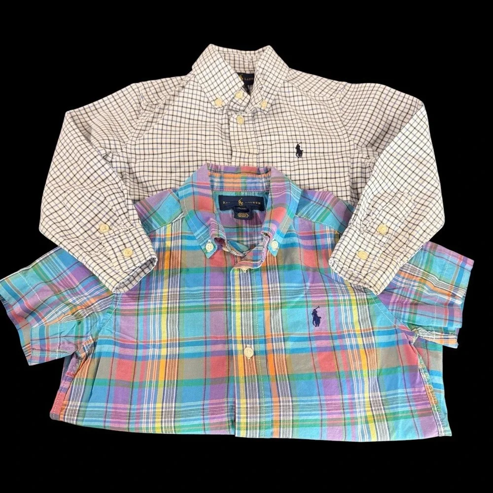 (Lot of 2) Ralph Lauren Boys 3/3T Pre-Owned Shirts Blue Plaid/White Tattersall